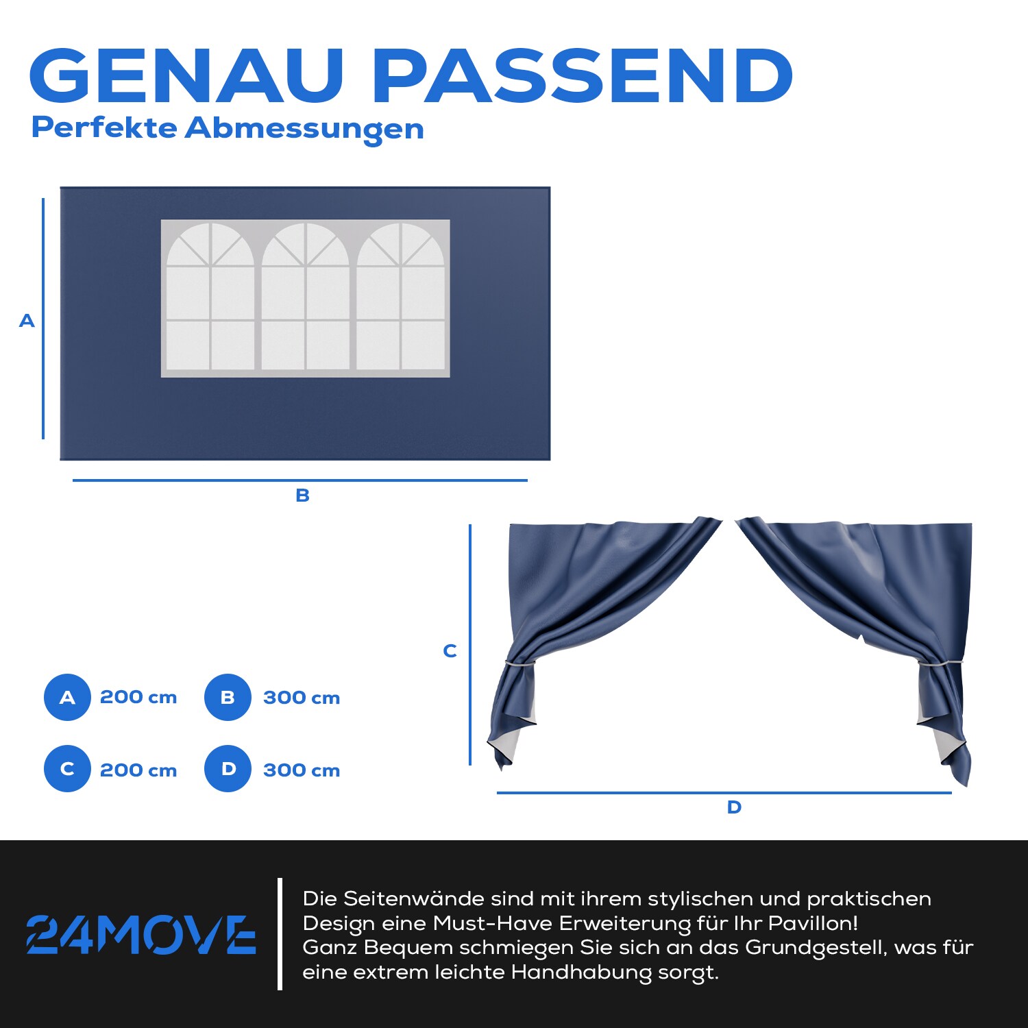 24MOVE® Pavillon Seitenteile 2er Set 2x3m mit Fenster & Reissverschluss, wasserdicht, blau - für Partyzelt, Festzelt, Festivals