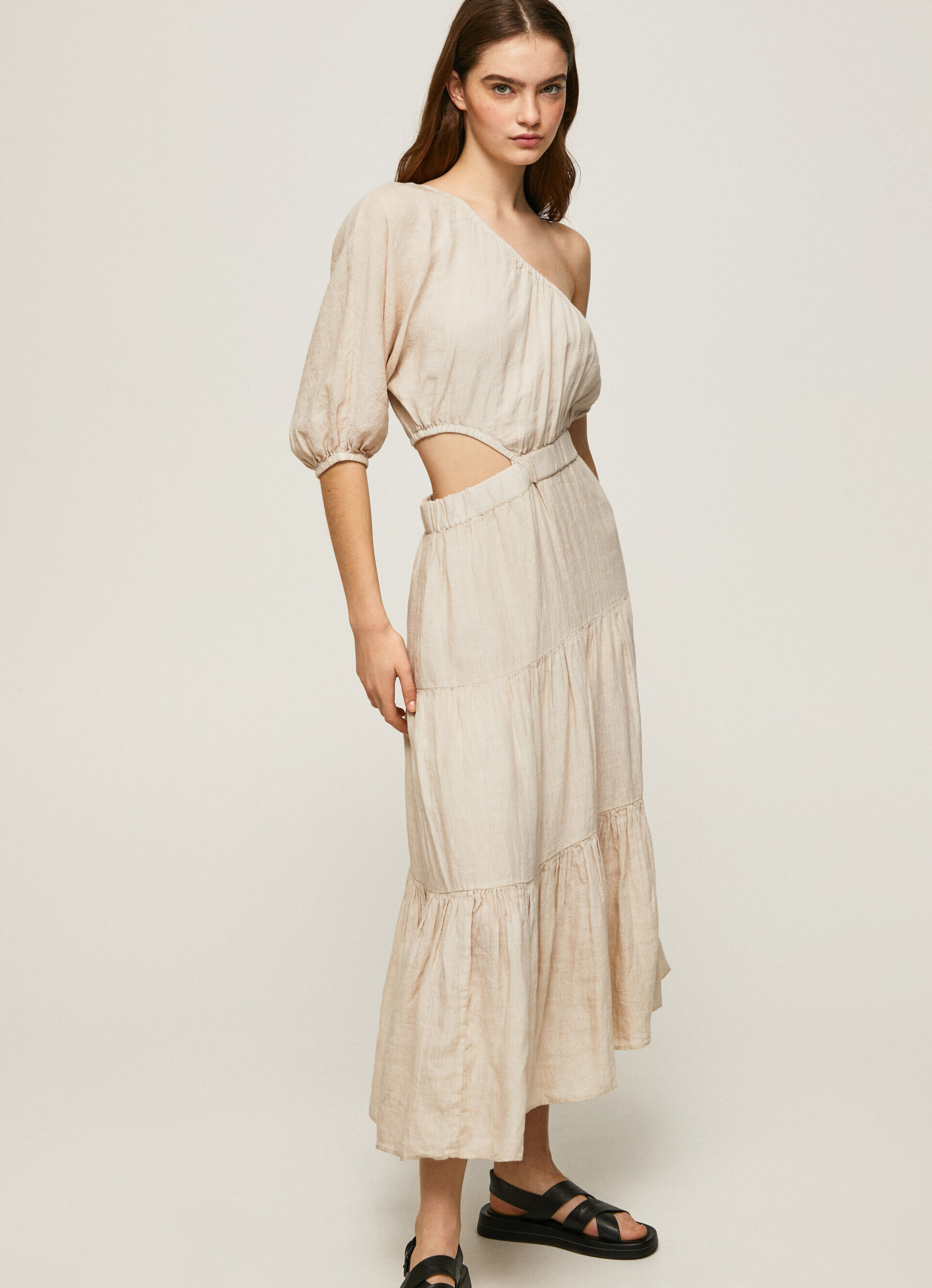 VESTIDO ASSIMÉTRICO DE LINHO PUA - bege pedra