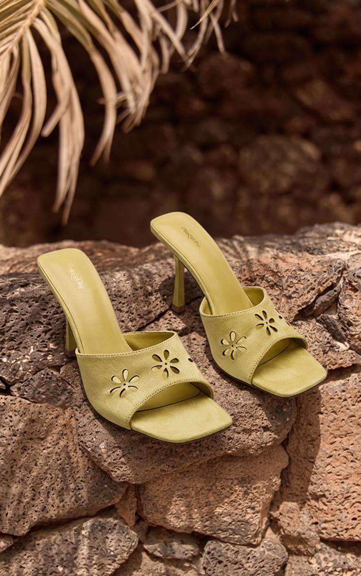 Vert Olive Mules À Talon En Synthétique Avec Découpe Laser