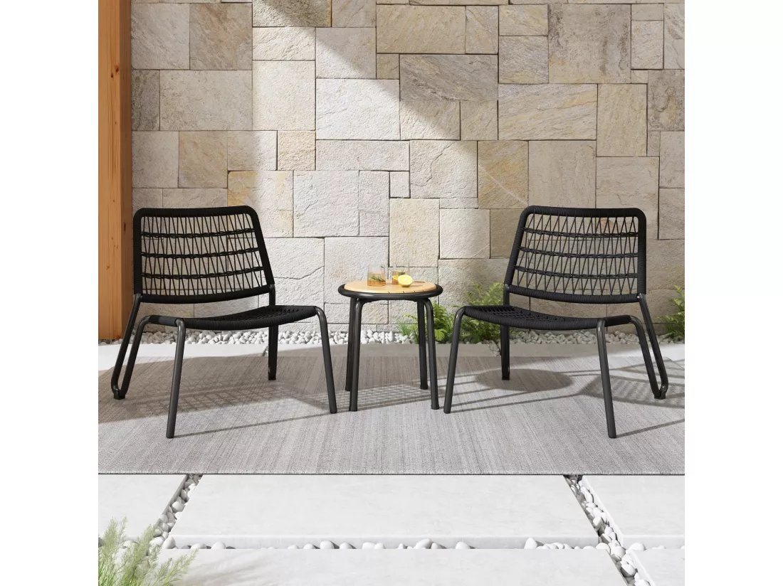 Lot de 3 salon de jardin en acier galvanisé - 2 fauteuils ergonomique et une table d'appoint ronde - charge max 160kg - Noir