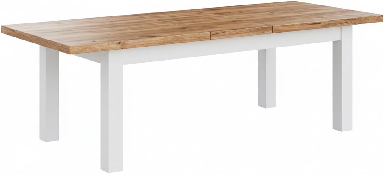 Ausziehbarer Esstisch Leonardo 100–300 cm | großer Tisch für 10–12 Personen | Tischplatte Eiche Craft | Beine aus massivem Buchenholz – weiß lackiert | modern skandinavisch | für Küche & Esszimmer