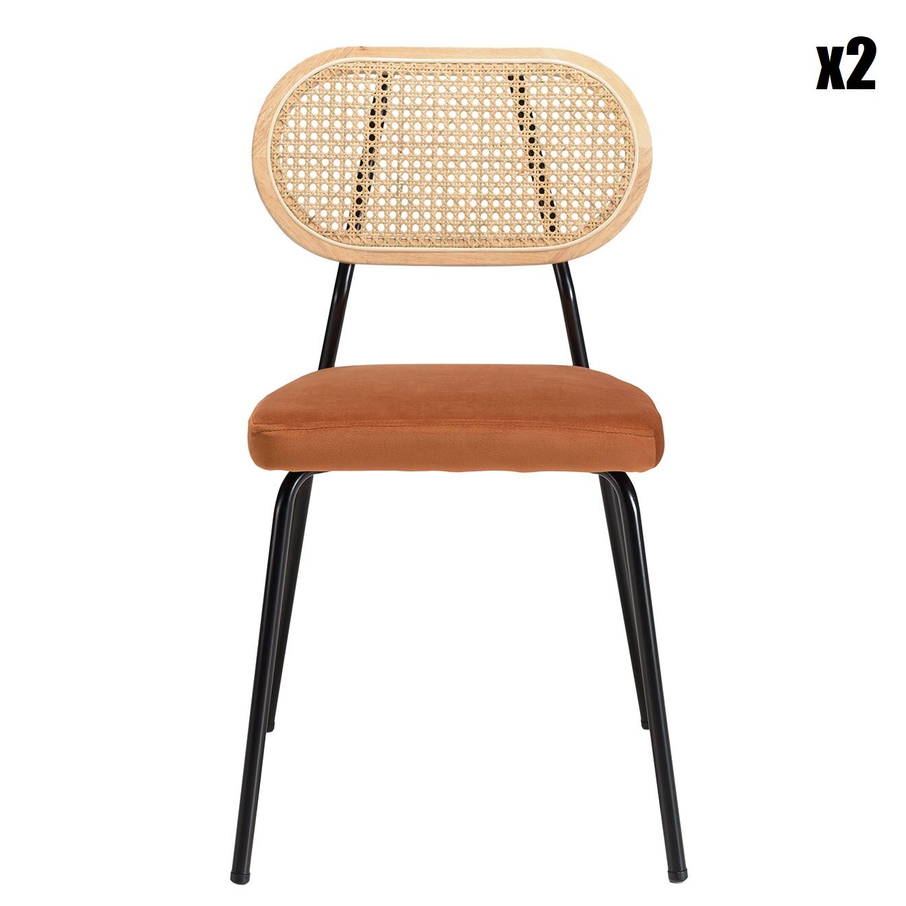 Macabane 2 Chaises velours dossier rotin Albane orange - 48x51x81.5 cm