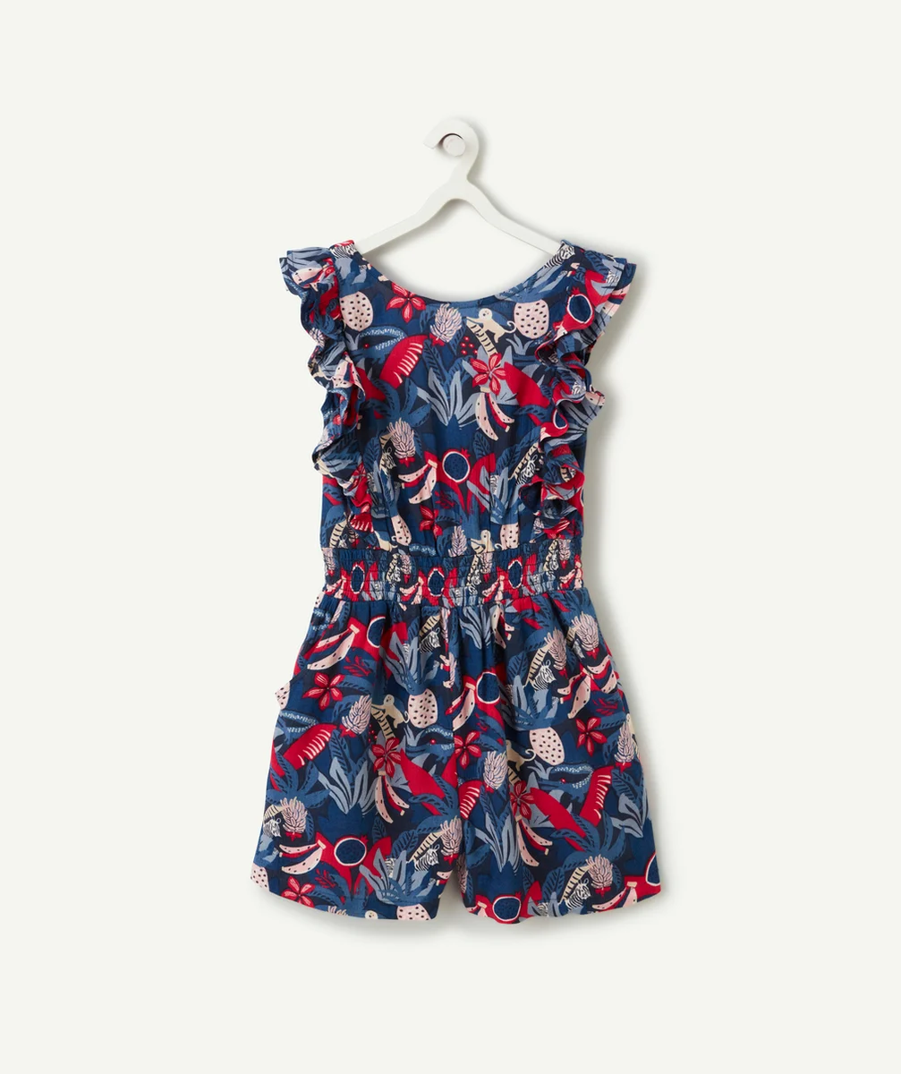 combi-short fille en viscose responsable bleue imprimé jungle avec dos ouvert