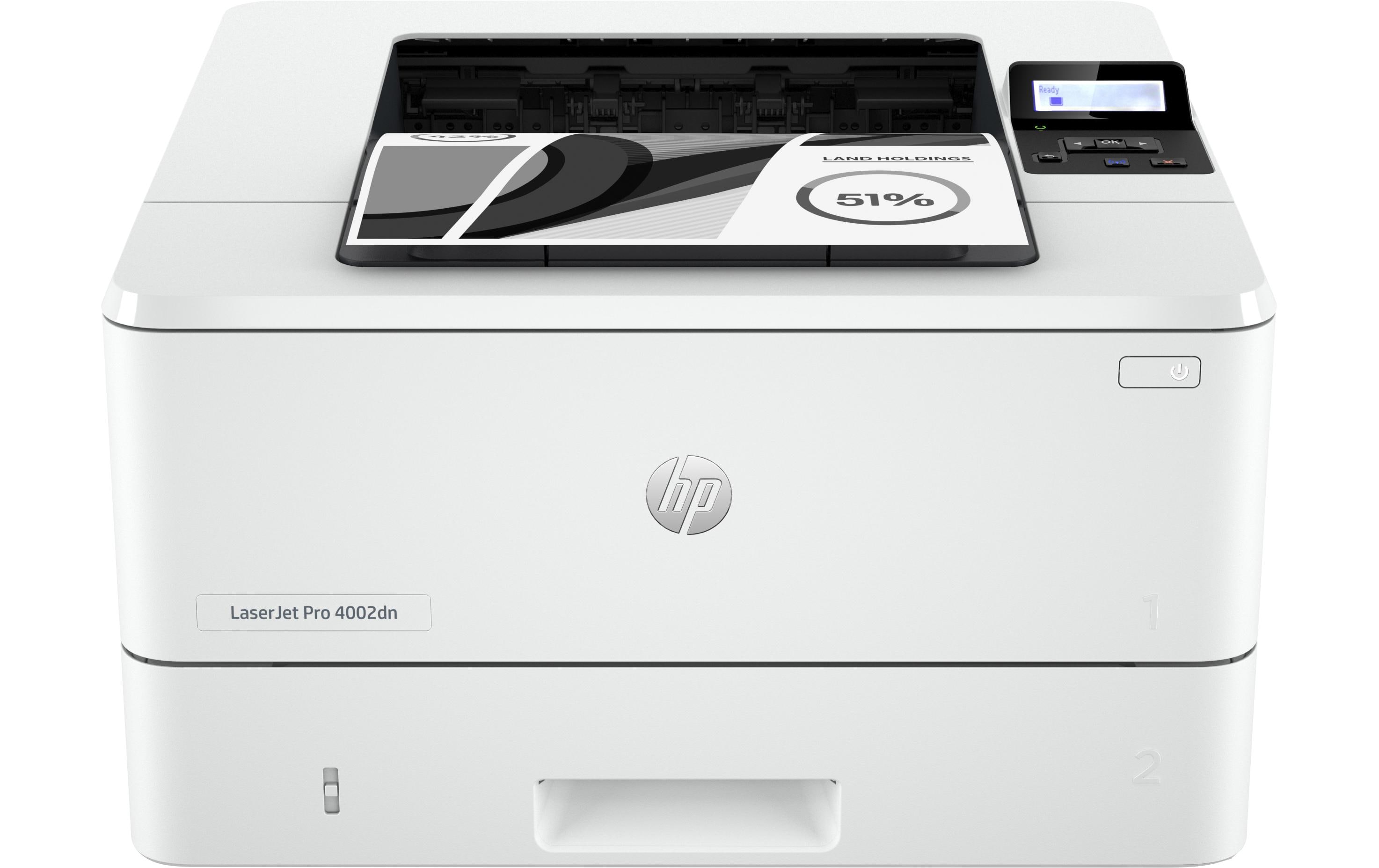 Drucker LaserJet Pro 4002dn<br>Laserdrucker mit schneller Aufwärmphase, zwei Papierfächern (Mehrzweckfach + Standardpapierfach) und Netzwerkanschluss
