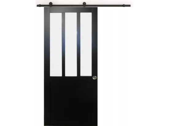 Porte Coulissante Atelier Noir Vitre Depoli H204 X L73 + Rail A Roulettes Et 2 Coquilles Gd Menuiseries