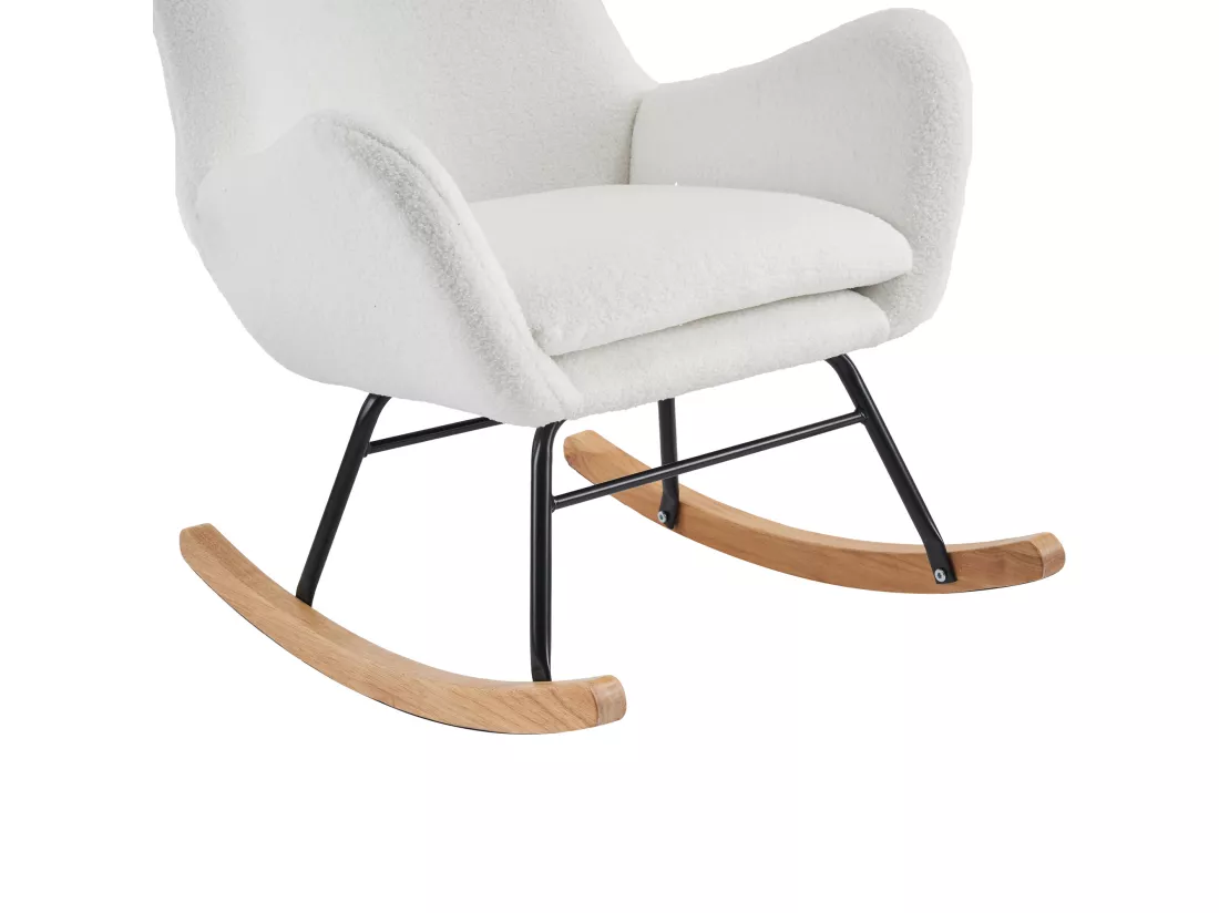 Fauteuil à bascule en tissu bouclette - structure en métal - pieds en bois massif - Blanc