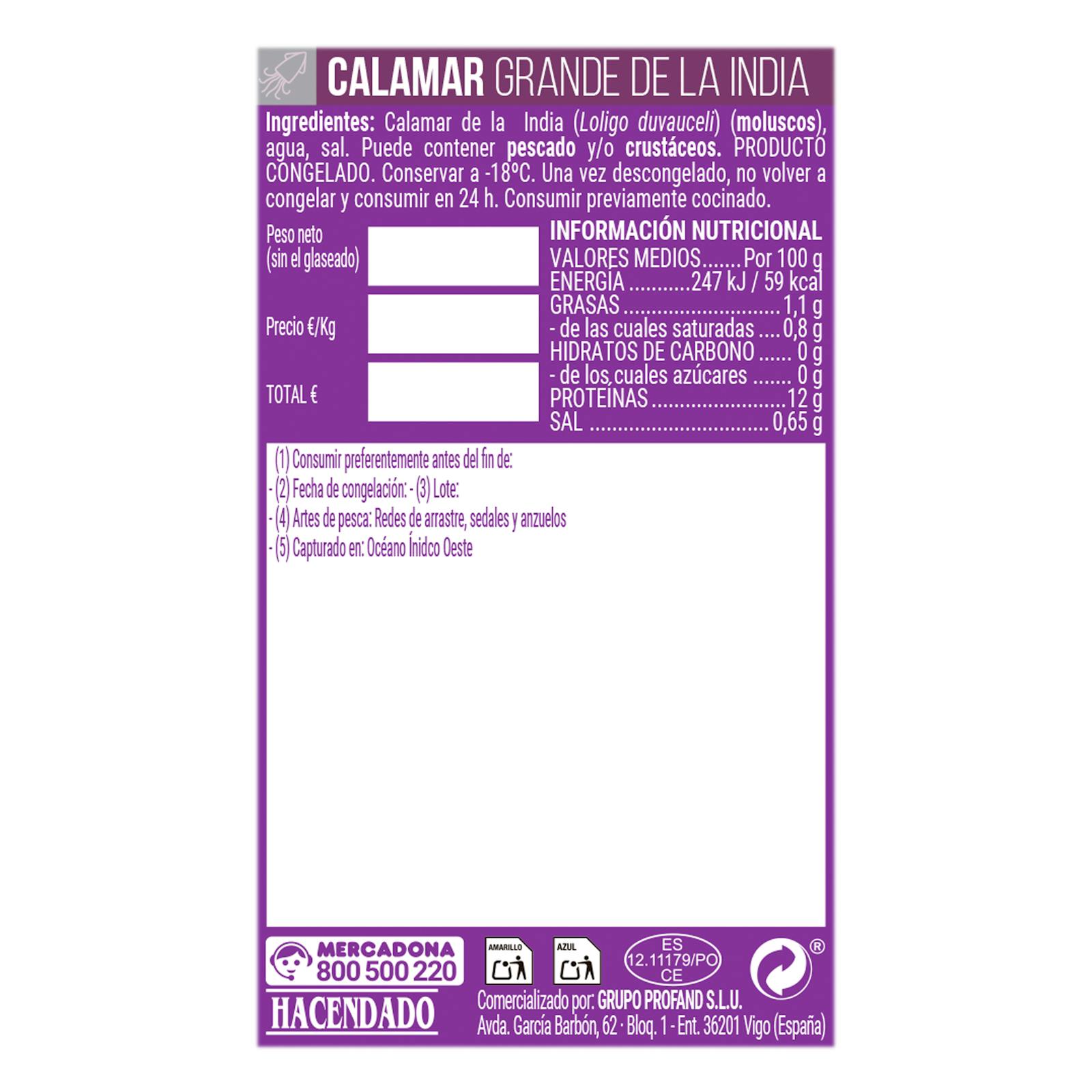 Grand calmar congelé Hacendado