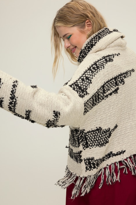 Rollkragen-Pullover, oversized, Jacquard-Strick, Fransensaum