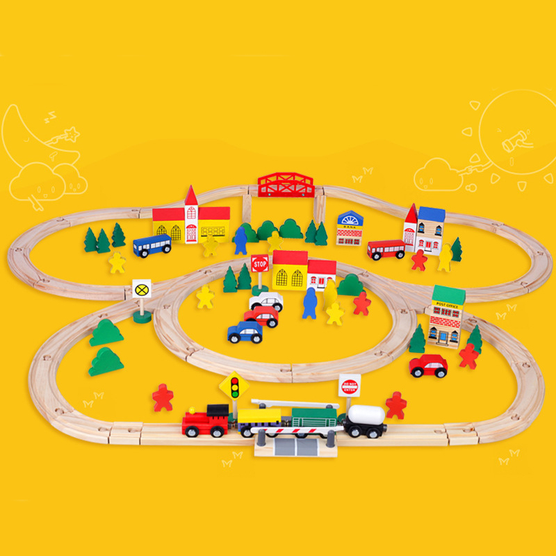 (100-tlg. Set) Kinder Holz Spielzeug Eisenbahn inkl. Schienen / Züge / Zubehör