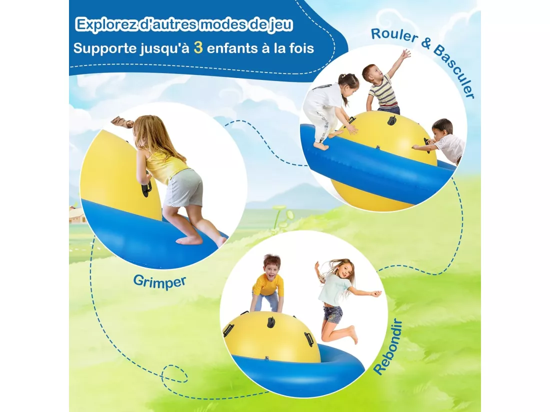 Balle Gonflable Enfants Ø233cm avec 6 Poignées, Château Gonfable en PVC avec Surface Élastique, Balle Rebondissante Intérieur Extérieur pour 3 Enfants de 5 Ans+, Charge 113kg (Jaune+Bleu)