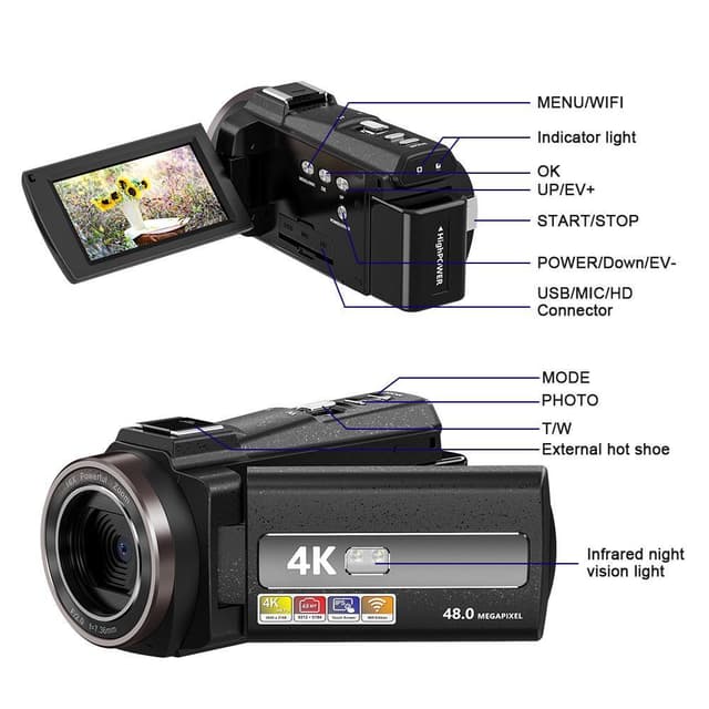 Videokamera 4K/48MP/16x Zoom/IR nattesyn/fjernbetjening