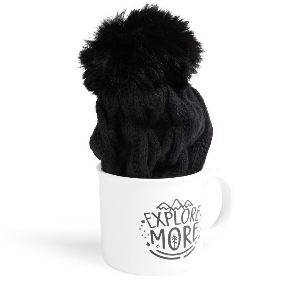 Ensemble mug 450ml faïence avec bonnet à pompon noir
