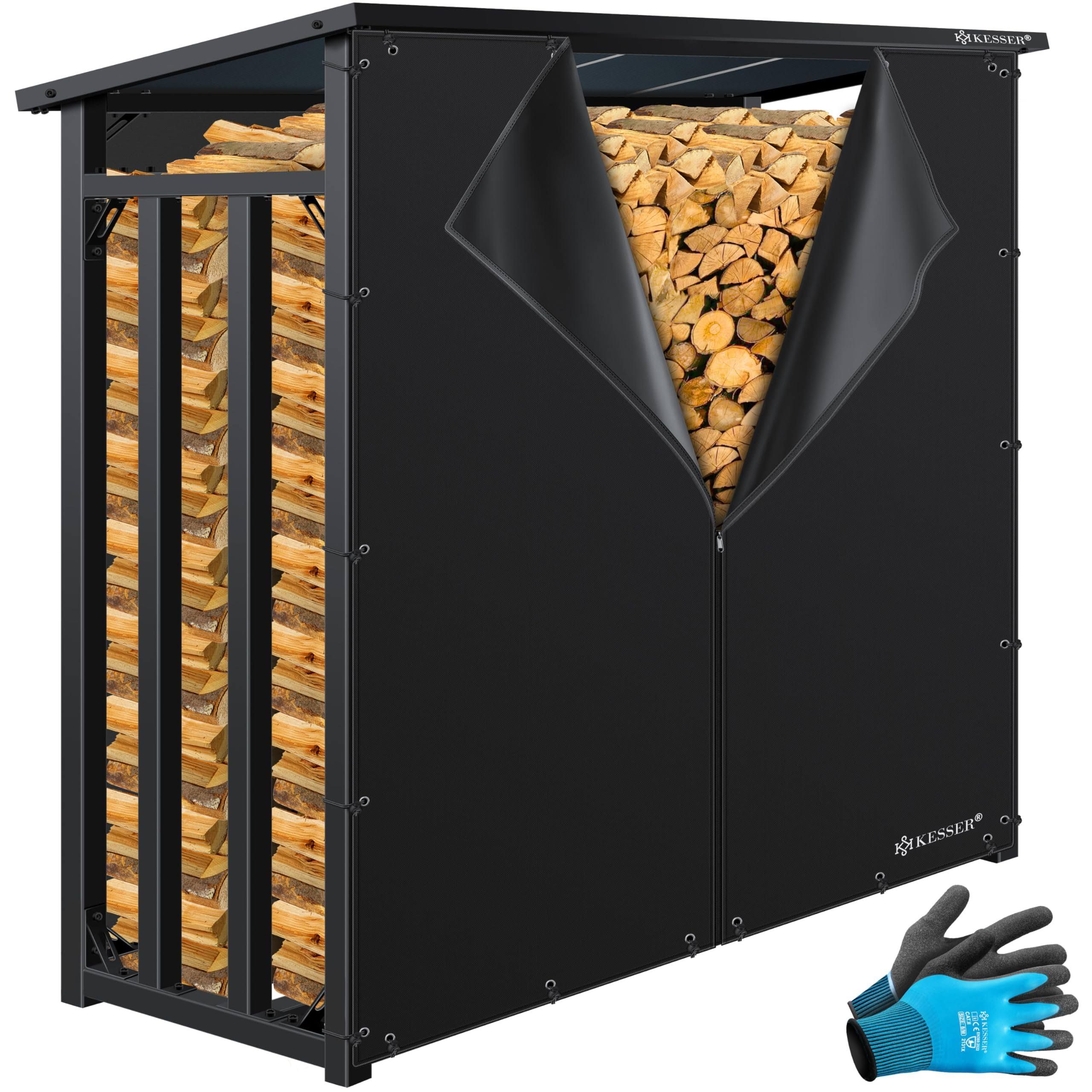 KESSER Kaminholzregal Metall 188 x 70 x 185 cm Brennholzregal 3,3 SRM / 2,3m³ | außen Stahlrahmen + Abdeckung & Handschuhe Stapelhilfe