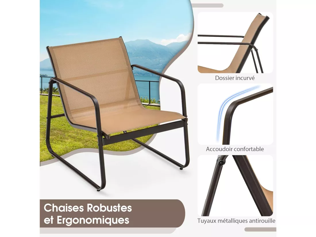 Salon de Jardin 3 Pcs Tissu et velours Respirant et Cadre Métallique Charge 150KG, Ensemble de Meubles de Patio avec Table en Verre Trempé, pour Cour Arrière Bord de Piscine (Brun)
