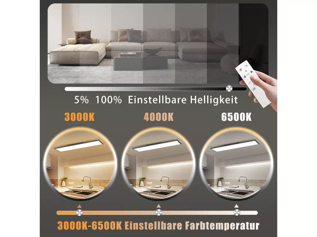 NETTLIFE Plafonnier LED 120 x 30 – Panneau de plafond à intensité variable, lampe longue lumière du jour, bureau plat avec télécommande, 40 W