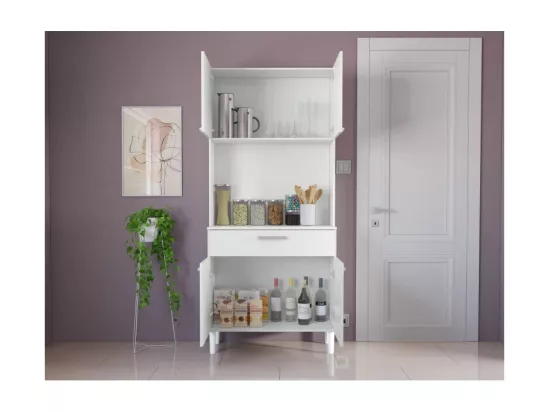 Buffet de Cuisine 4 Portes 1 Tiroir Blanc 3 Niches L 80 H 180 P 36.3 cm