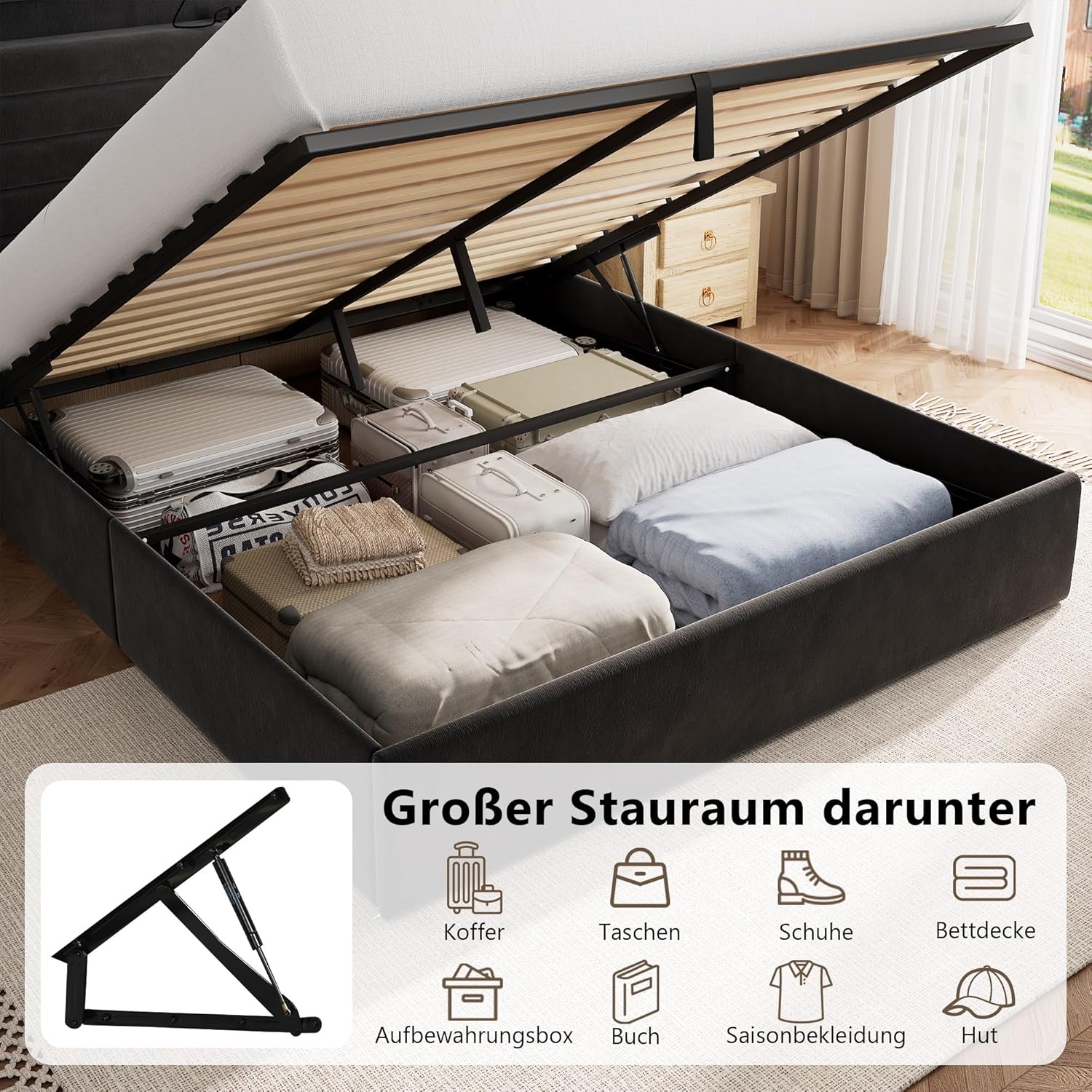 FEONASE Bett 140x200 mit Stauraum, Polsterbett 140x200 cm mit LED-Beleuchtung & Ladestation, Bettgestell mit Hydraulischem und Velous Kopfteil Stauraum, Lattenrost, Ohne Matratze, Dunkelgrau