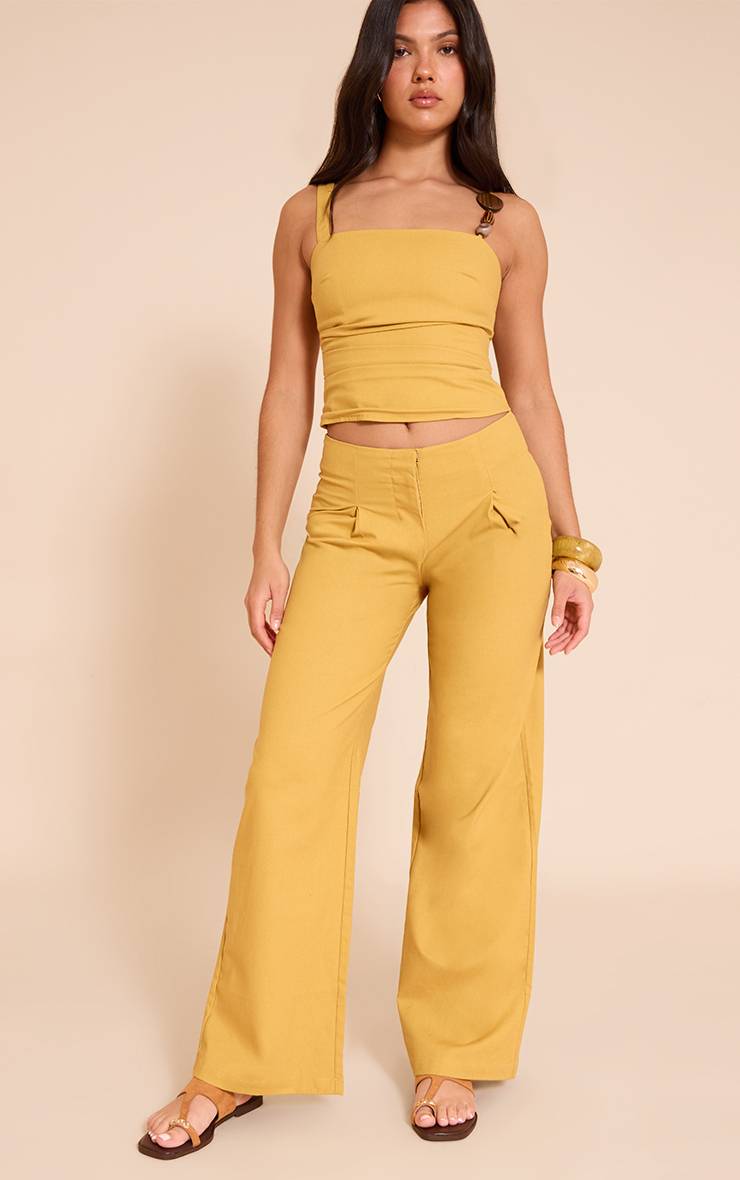 Moutarde Pantalon Droit Taille Mi-haute En Tissu Tissé