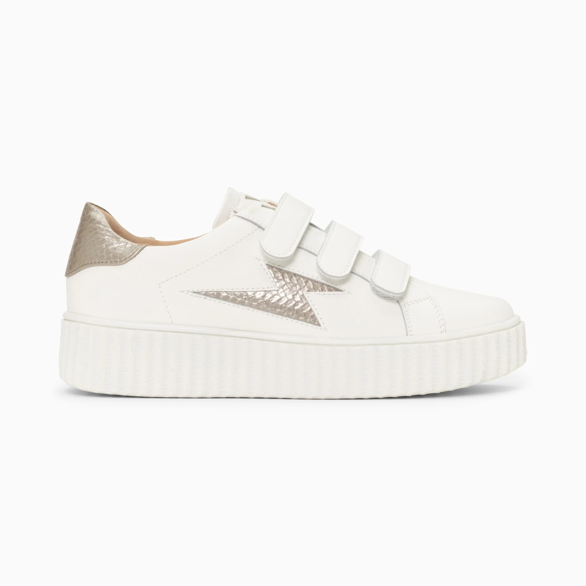 Sneakers-Baskets éclair Eva blanc et taupe serpent à scratchs