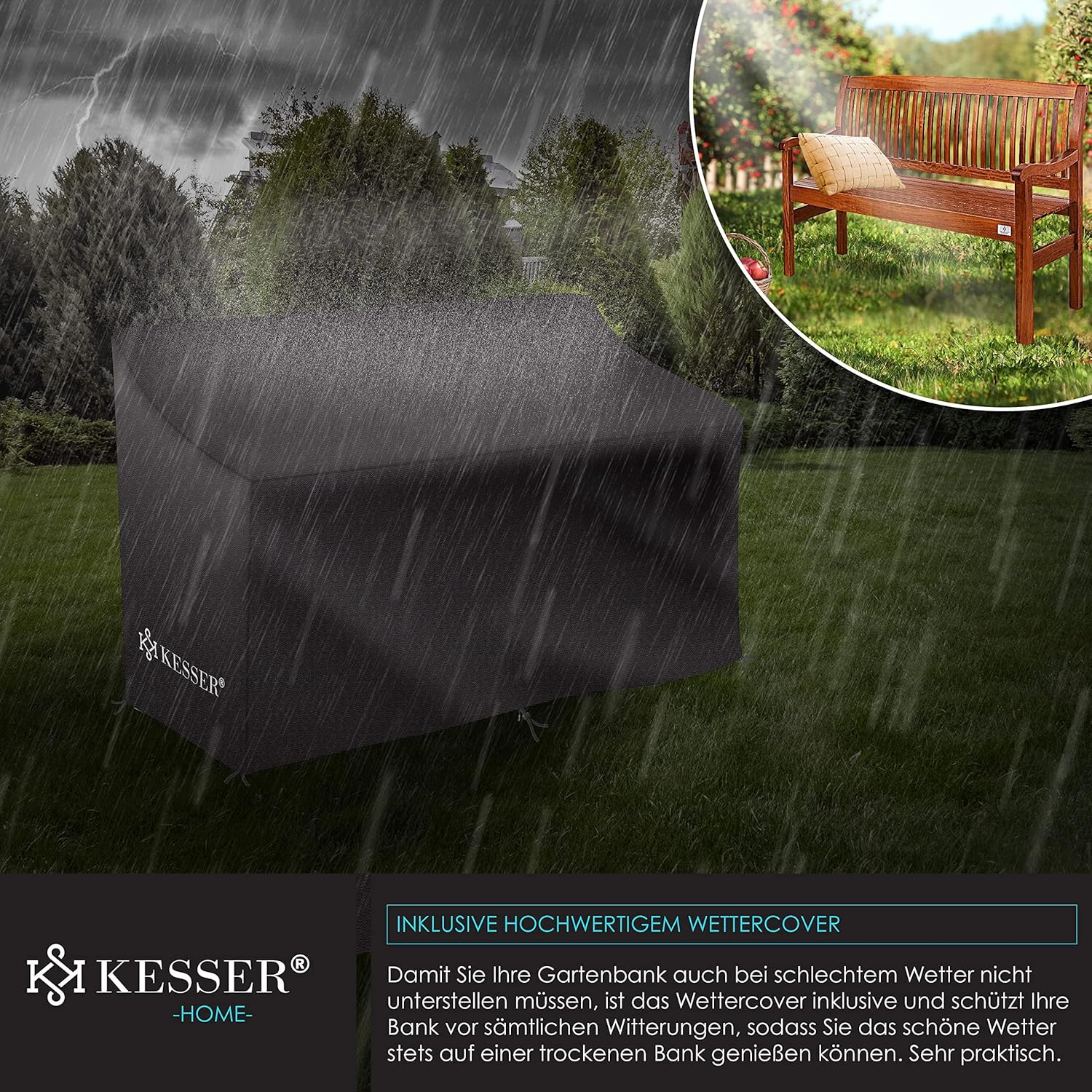 KESSER® Gartenbank Holz Holzbank wetterfest | Für 3 bis 4 Personen | Parkbank aus Massivholz | Sitzbank 320 kg belastbar 150 cm | Balkonbank Bank für Balkon Terrasse & Garten inkl. Cover Dunkelbraun