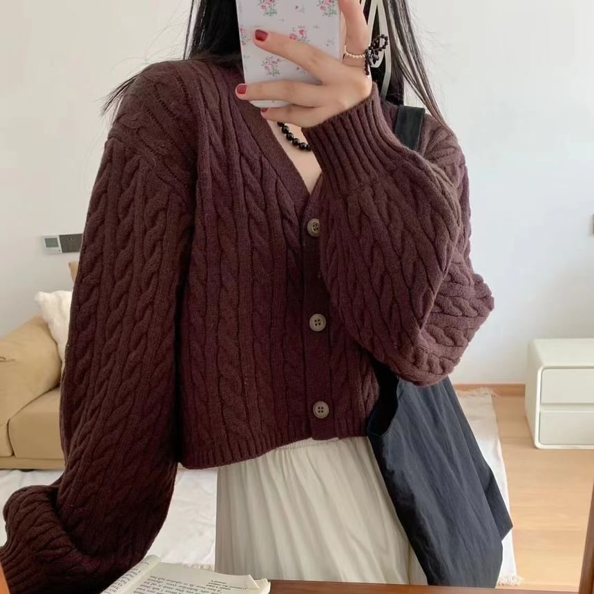 Seoulium - Lange mouwen effen kabelgebreide cropped cardigan