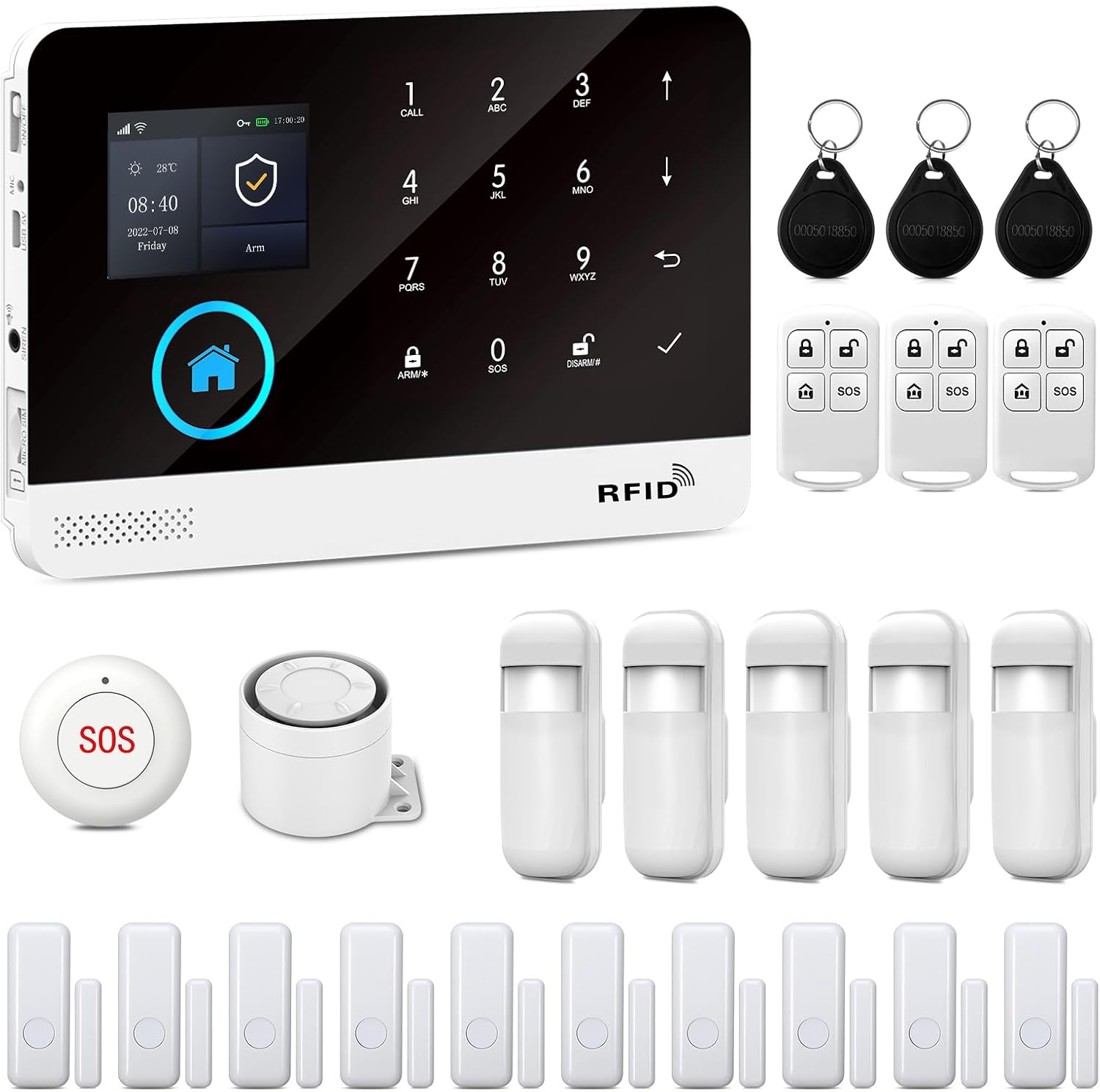 XNY 4G Alarmanlage Haus, WLAN Drahtloses Alarmanlage Wohnung mit APP-Benachrichtigung, 24 Stück(5 Bewegungsmelder, 10 Fenster Tür Sensoren, Fernbedienungen, Alarmsirene), Funktioniert mit Alexa