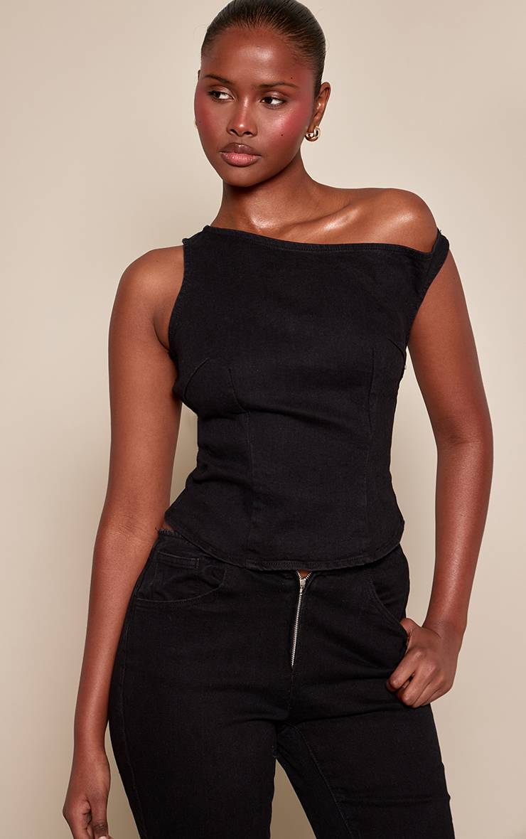 Noir Top En Denim Asymétrique Sans Manches
