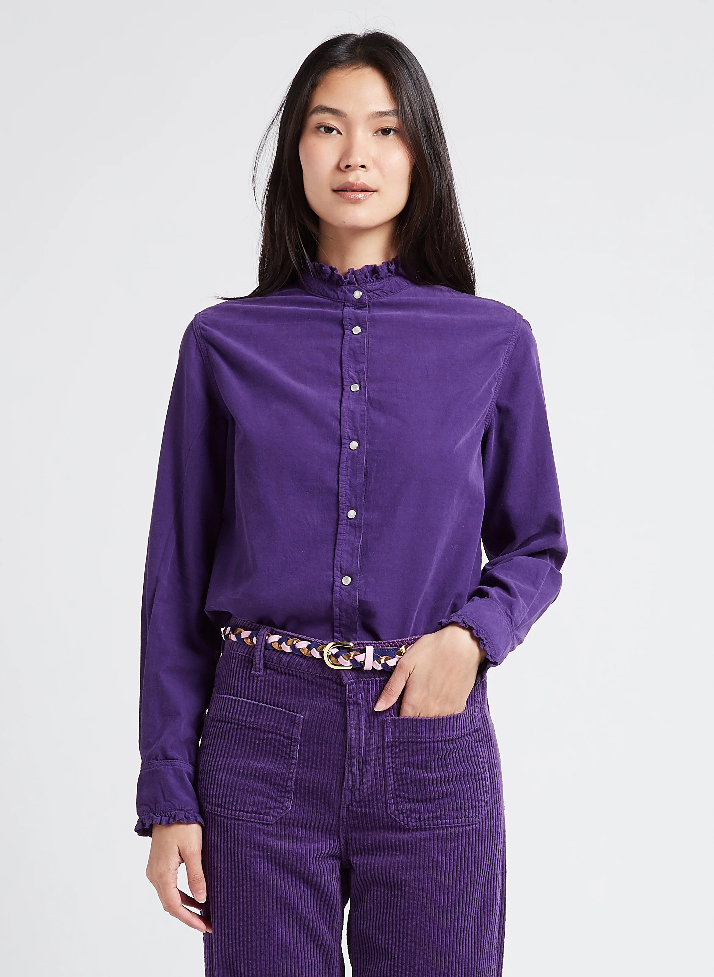 GABY - Chemise col victorien en velours de coton côtelé| Violet