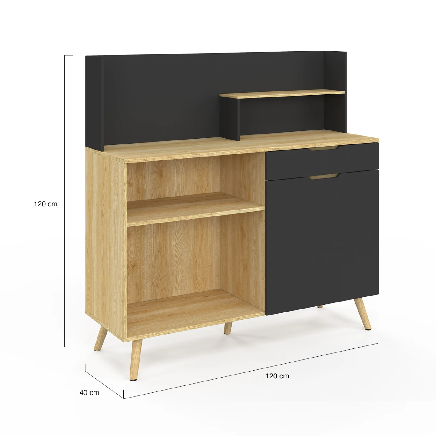 Buffet bas de cuisine 120 CM OLAF plan de travail H.83 cm 1 porte + 1 tiroir façon hêtre et noir