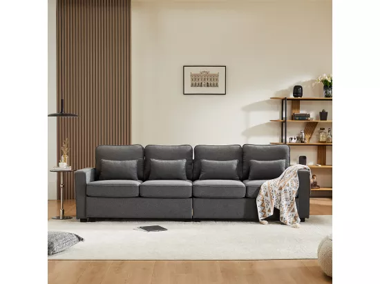 Canapé droit 4 places avec poches accoudoirs et 4 coussins pour le salon l'appartement le bureau Tissu de lin Gris foncé