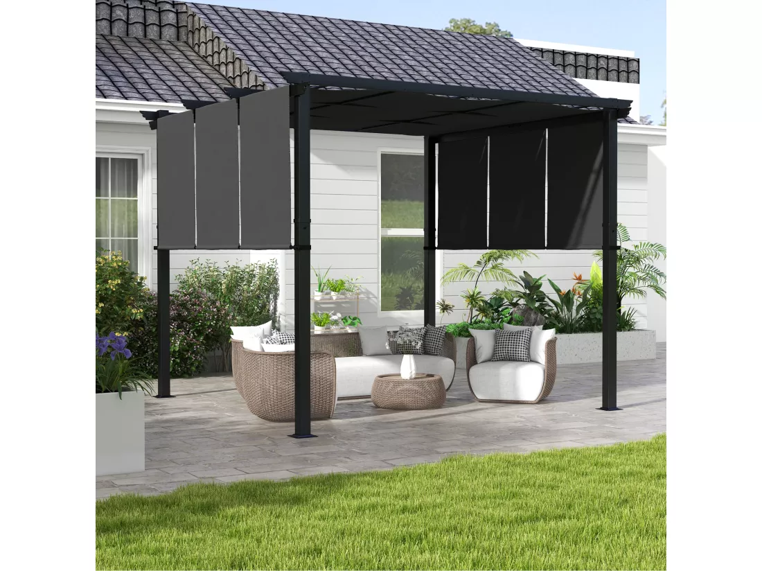 Pergola 3 toiles coulissantes - dim. 2,97L x 2,97l x 2,38H m - acier époxy polyester haute densité anthracite
