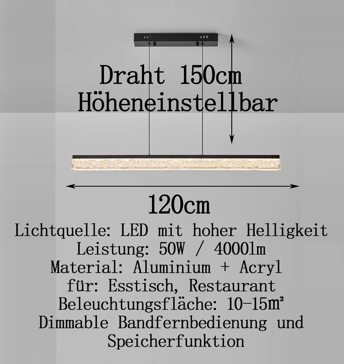 120cm Moderne LED Pendelleuchte esszimmer dimmbar hängelampe esstisch schwarz,Linear design hängeleuchte mit Fernbedienung,Esszimmerlampe hängend Höhenverstellbar Esstischlampe,Bürolampe (120cm/50w)