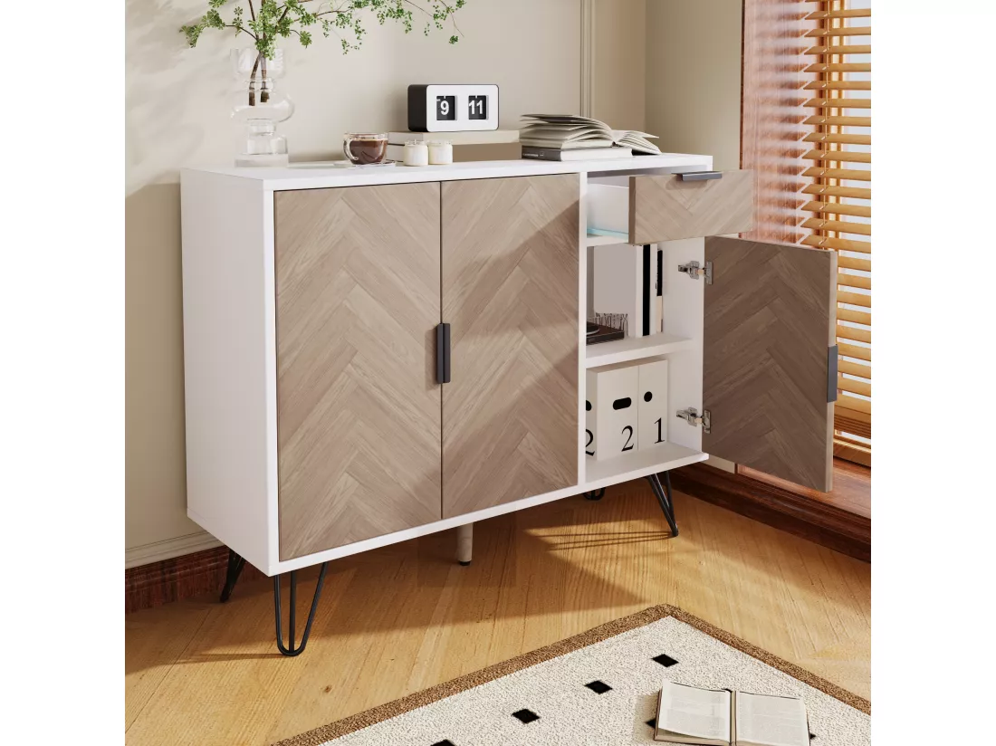 Armoire de rangement moderne, meuble en blanc et imitation bois avec tiroir et étagères réglables en hauteur (90 x 30 x 71,5 cm)