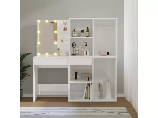 Coiffeuse à LED et 2 armoires Blanc brillant Bois d'ingénierie