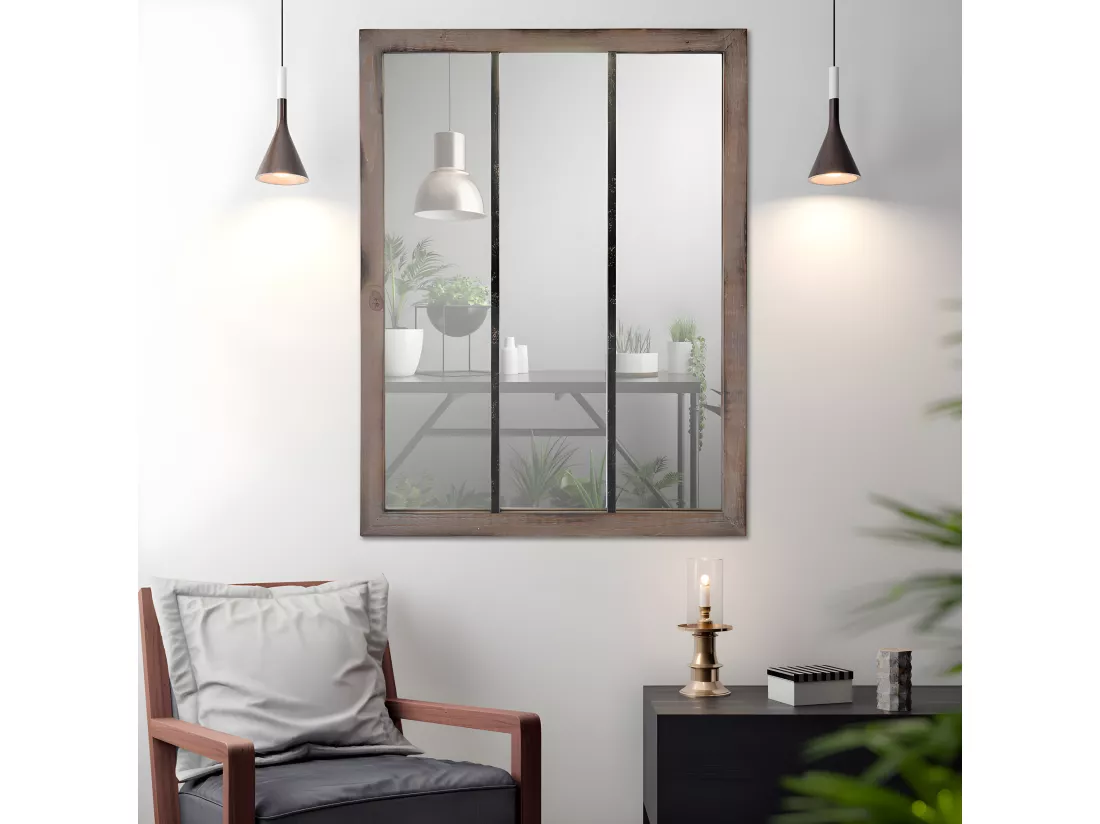 Nell - Miroir verrière en métal et bois 113x85cm - Couleur - Bois foncé