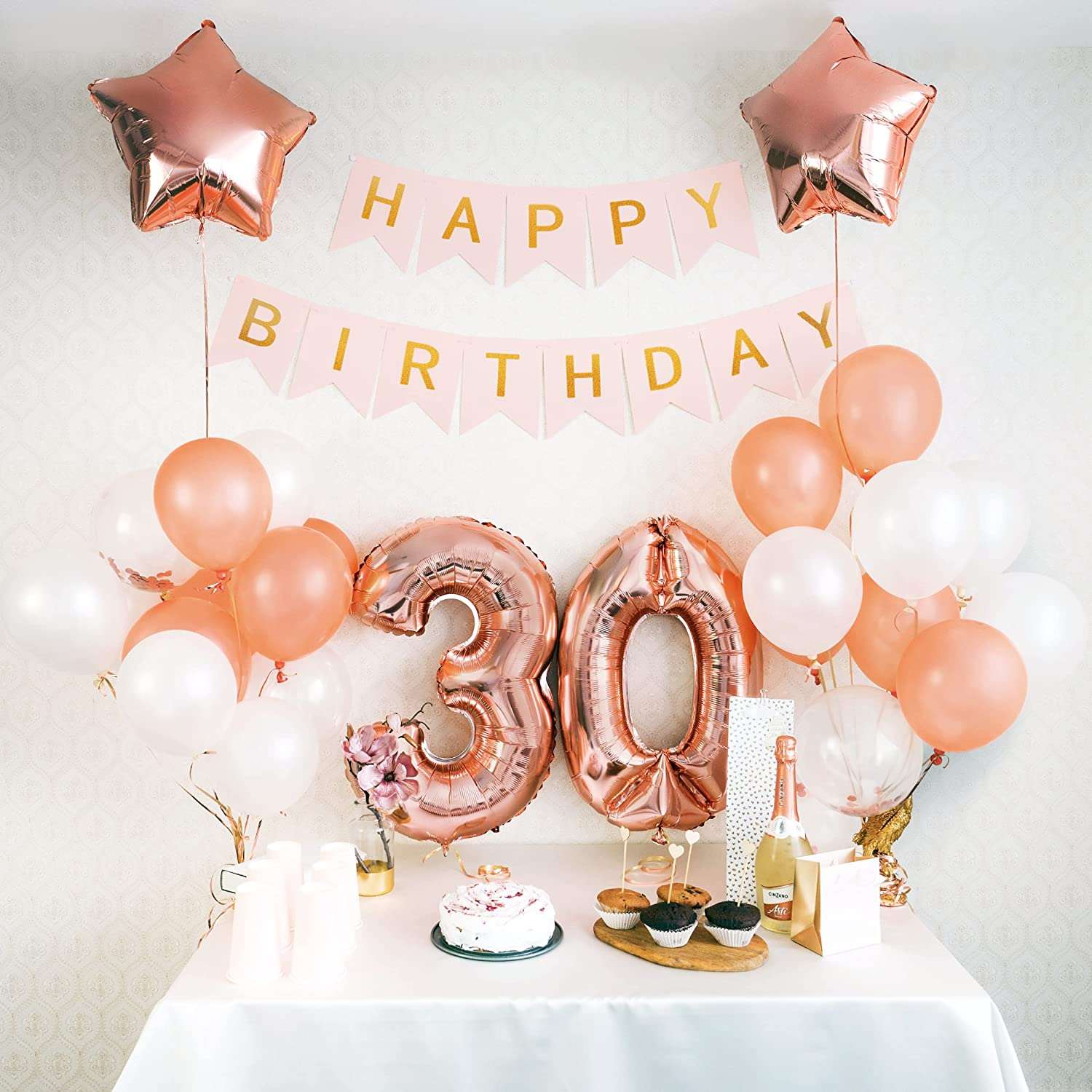 (73-tlg. Set) Happy Birthday Girlande 30. Geburtstag Party Deko   Latex- und Folienballons / Konfetti - Roségold