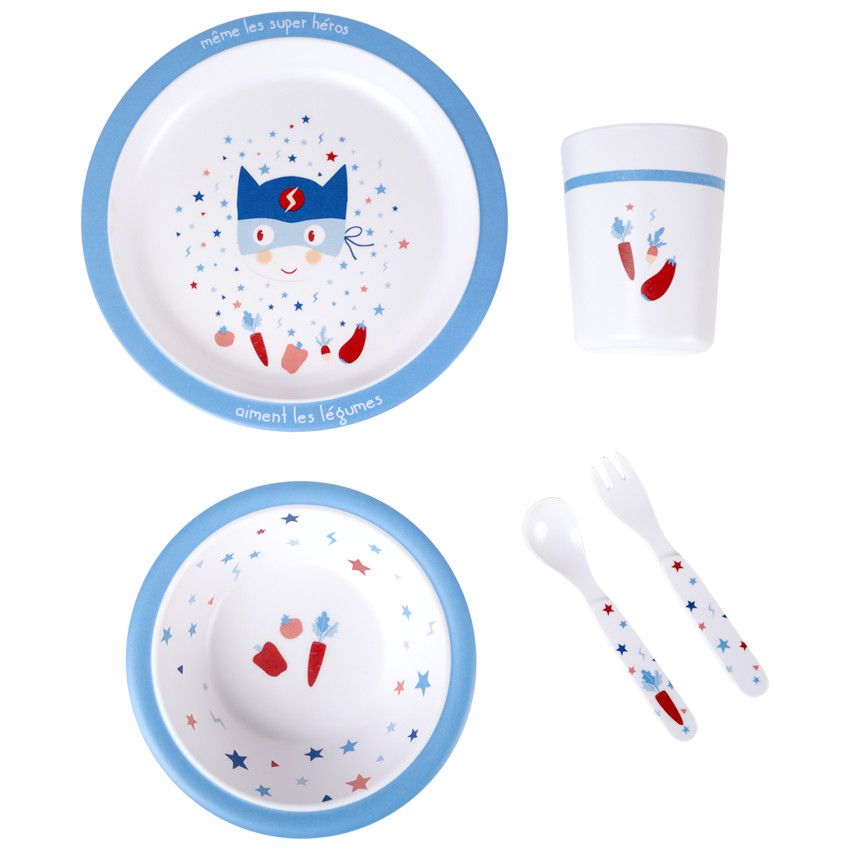 Coffret repas 5 pièces en mélamine - Super-héros - Ecru