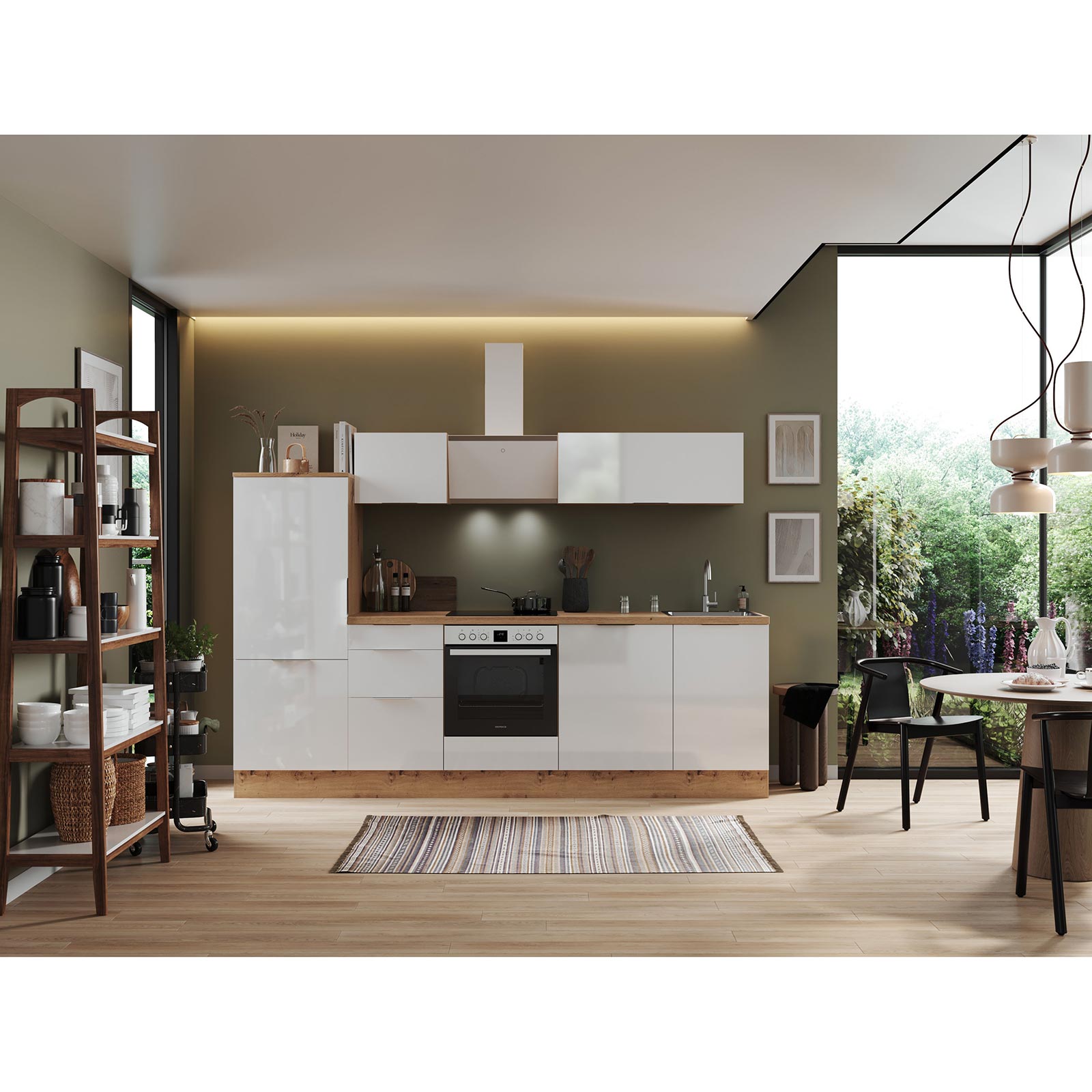 RESPEKTA Küchenblock - weiß Hochglanz - Artisan Eiche - mit E-Geräten - 280 cm