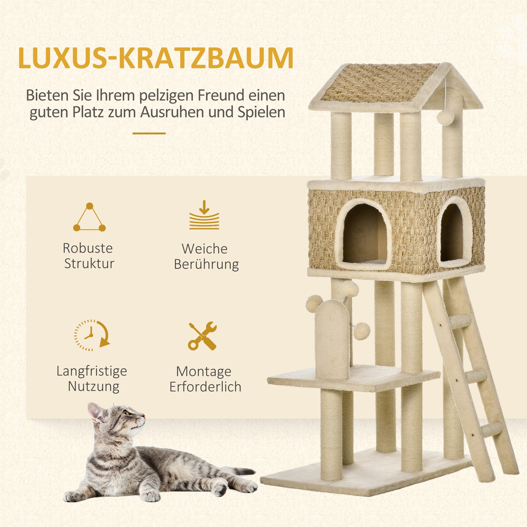 PawHut Kratzbaum mit Spielbälle natur 69L x 40B x 131H cm