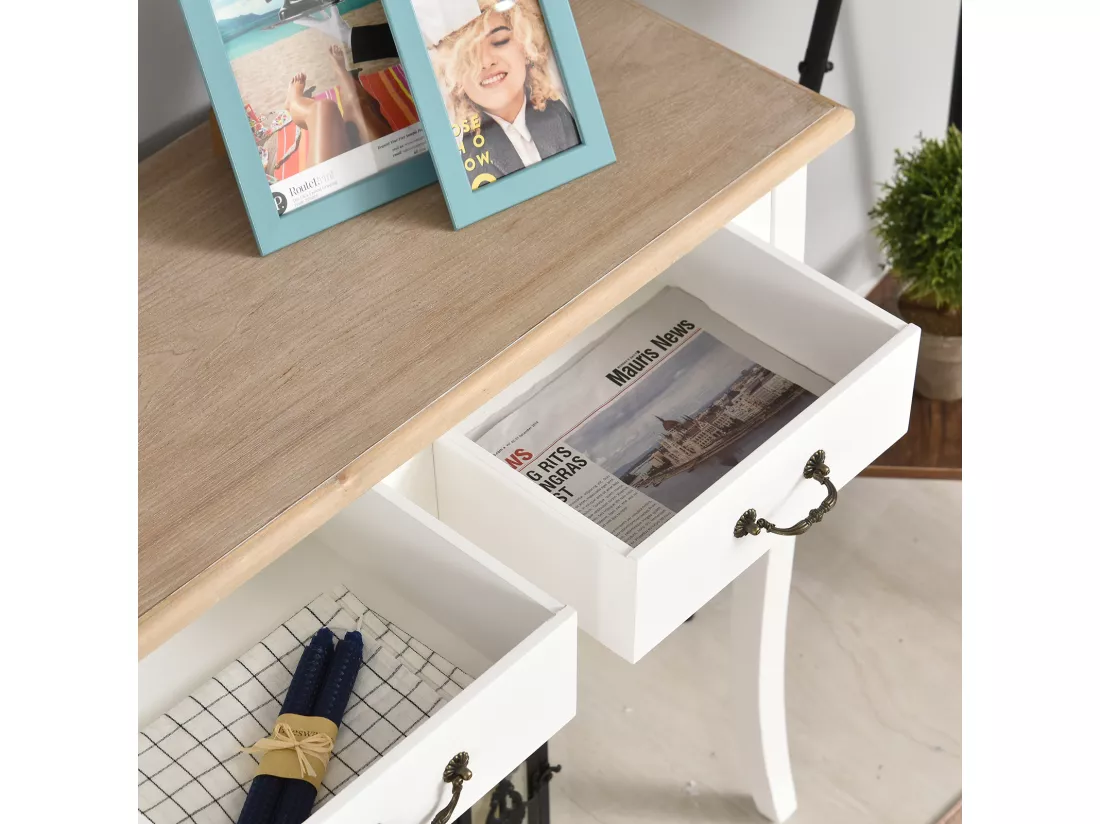 Console style table de drapier style shabby chic 2 tiroirs dim. 87L x 34l x 78H cm MDF bois massif pin clair blanc