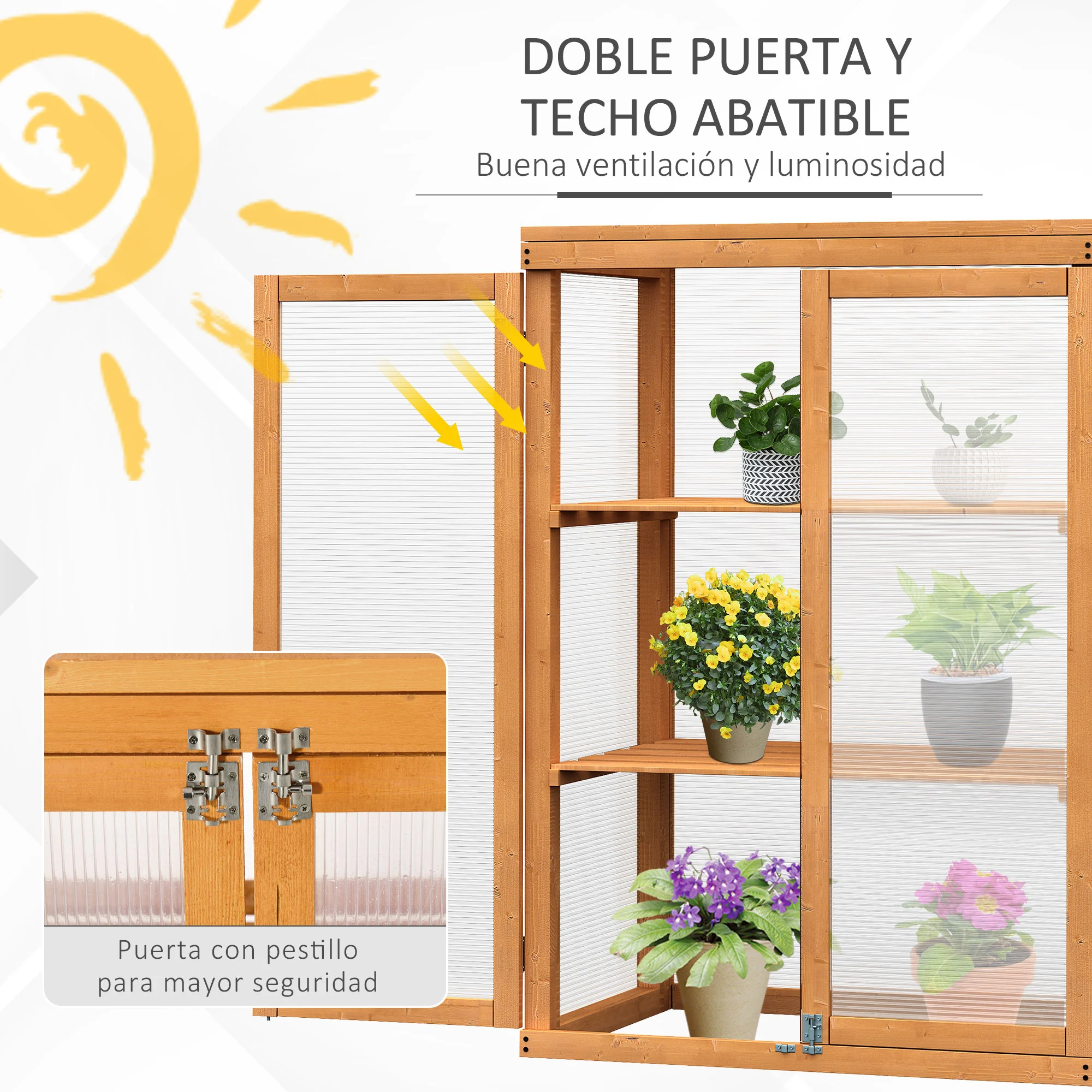 Estufa de jardim Outsunny em madeira e policarbonato, com 3 prateleiras, 2 portas e tampa articulada para cultivo de plantas em terraços ou pátios, 76x47x110 cm, cor natural.
