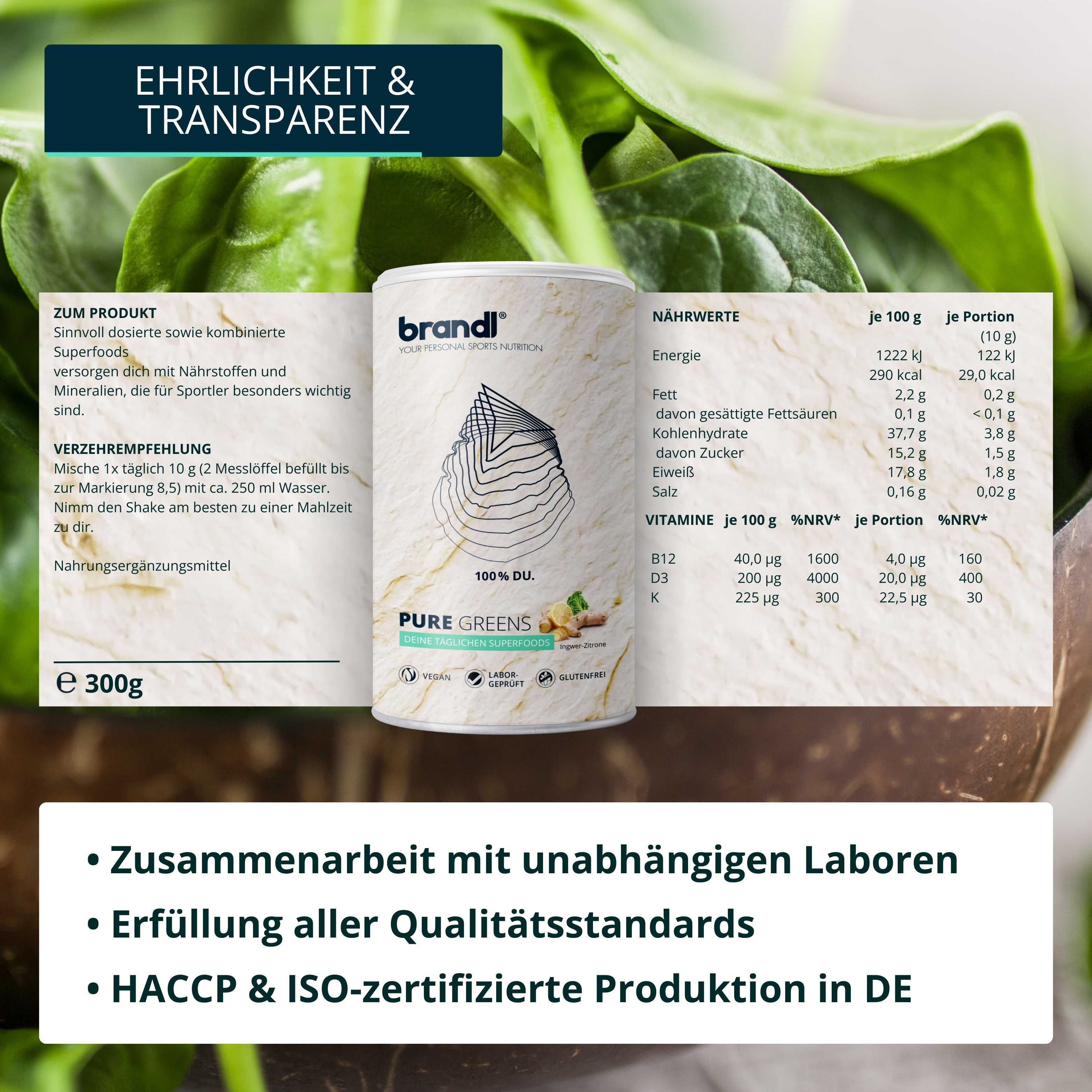 brandl® Superfood Greens Pulver mit Ashwagandha, Spirulina-Pulver, Ingwer, Brokkolisprossen uvm.