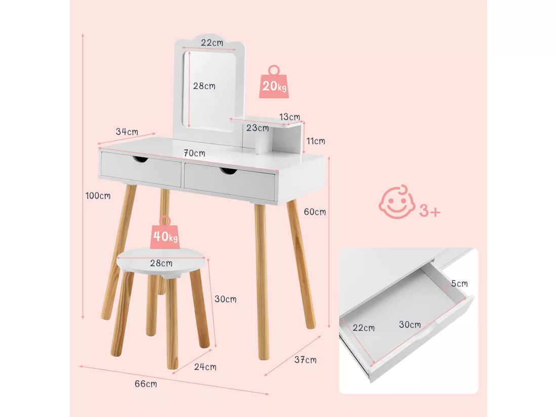Coiffeuse 2 en 1 pour Enfants avec Tabouret Mignon, Table de Maquillage en Bois pour Enfants avec Miroir Rectangulaire et 2 Grands Tiroirs, Cadeau De Noël/Anniversaire Parfait, Blanc
