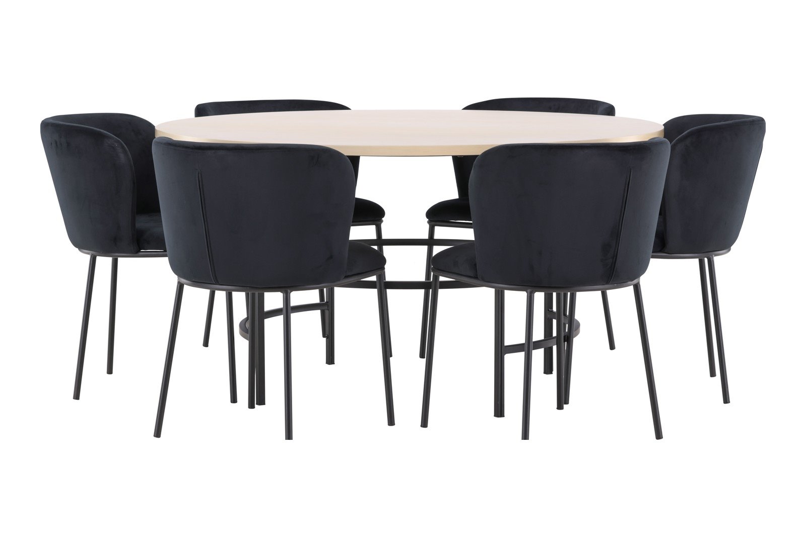 Copenhagen og Edina Spisegruppe Copenhagen rundt spisebord Ø140 cm i hvit polert med 6 stk. Edina spisestoler i Sort fløyel, og sorte ben.
