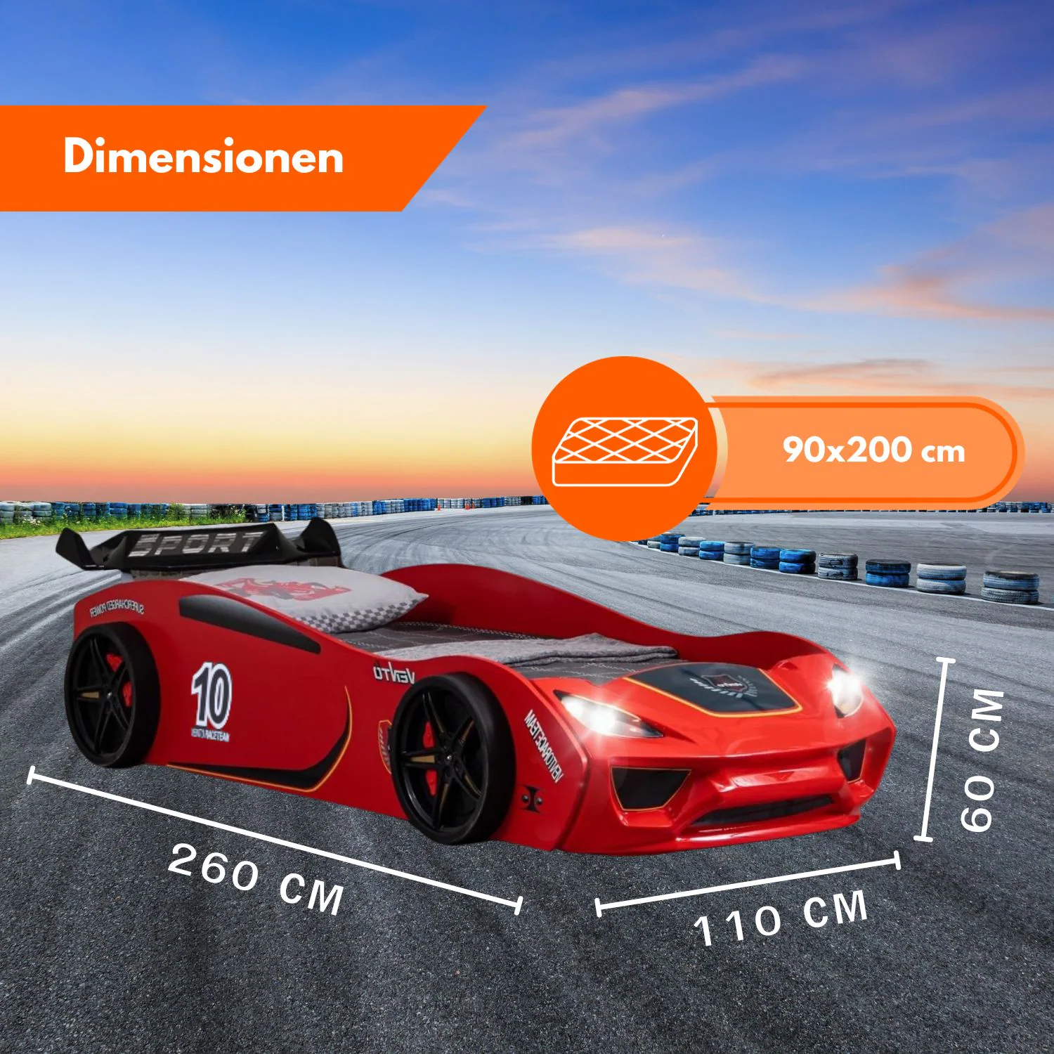 TRAUMMÖBEL Autobett TURBO V2 Rot Kinderbett im Rennwagen-Design mit Lattenrost