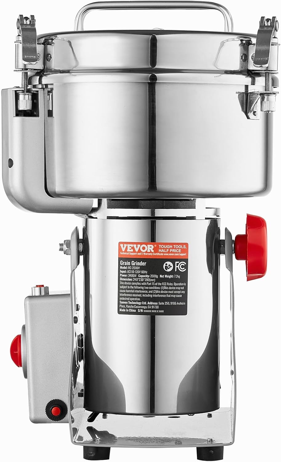 VEVOR elektrische Getreidemühle Hochgeschwindigkeits-Maismühle 2500 g 3400 W, Pulverisiermaschine aus Edelstahl, für trockene Körner Gewürze Müsli Kaffee Mais Pfeffer Schwenktyp 24 x 23 x 39 cm