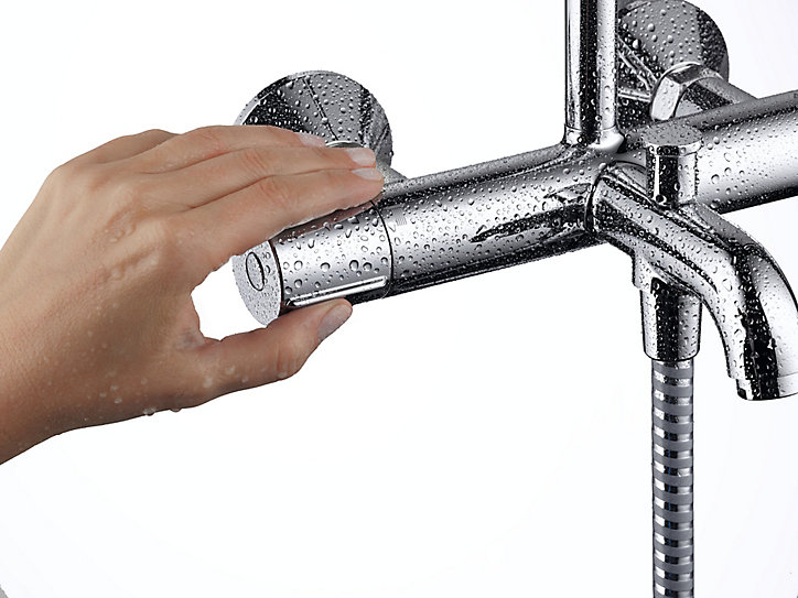 Colonne de bain/douche thermostatique avec pommeau + douchette 2 jets + flexible + barre réglable, chrome, Hansgrohe Vernis Shape