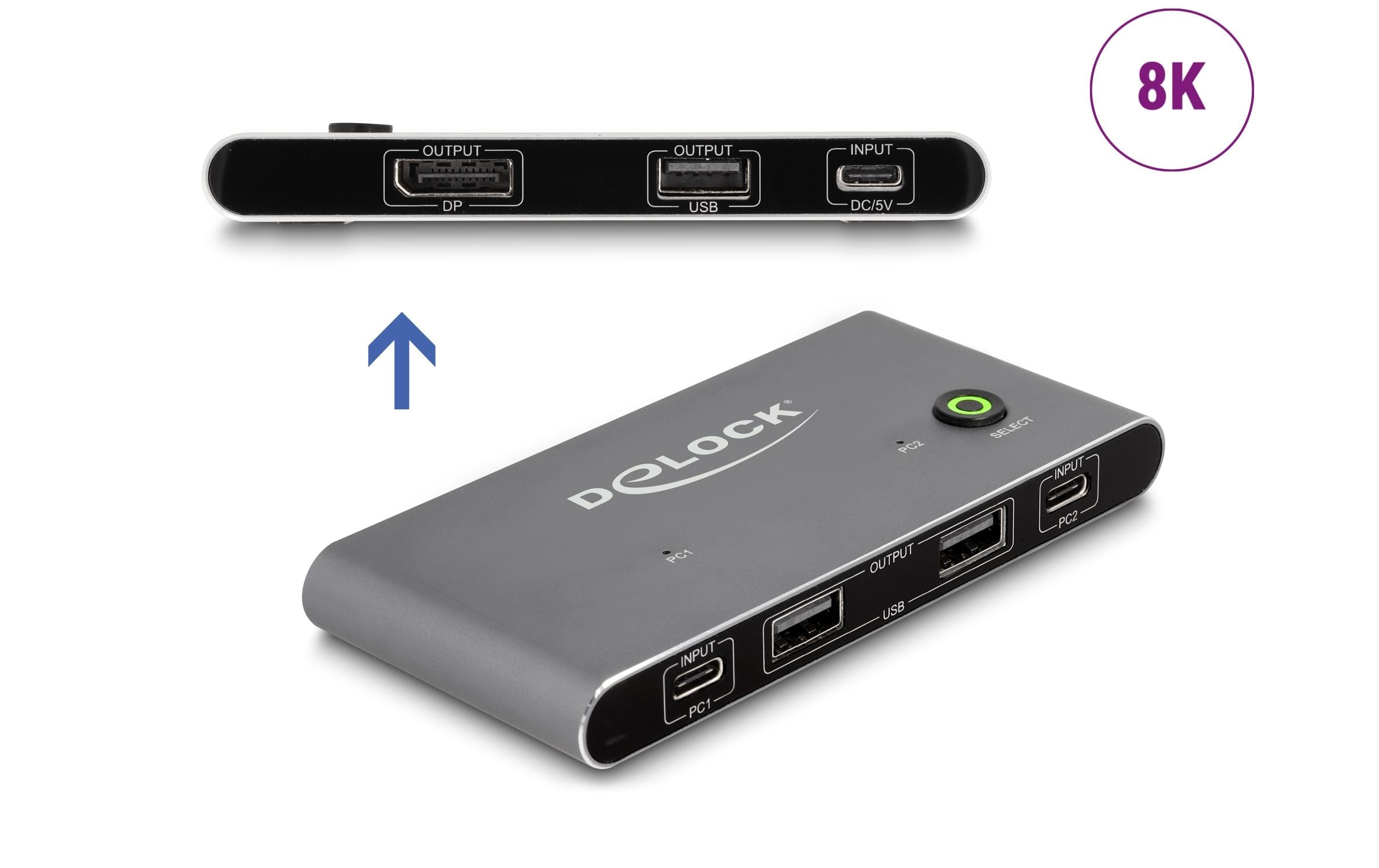 KVM Switch USB-C zu DisplayPort 8K 30 Hz mit USB 2.0Delock USB-C KVM Switch zu DisplayPort 8K 30 Hz mit USB 2.0