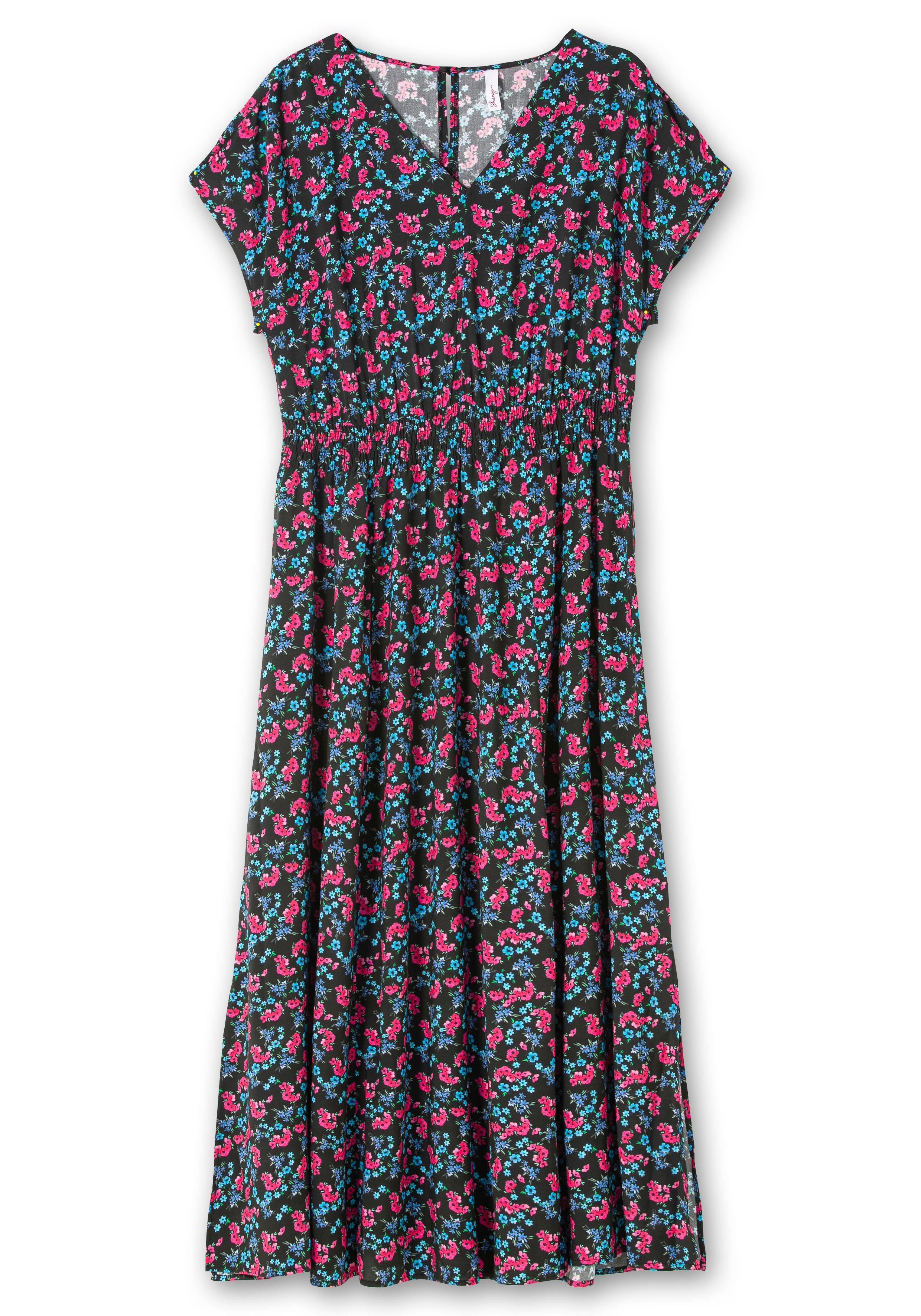 Maxikleid mit Alloverdruck und gesmokter Taille