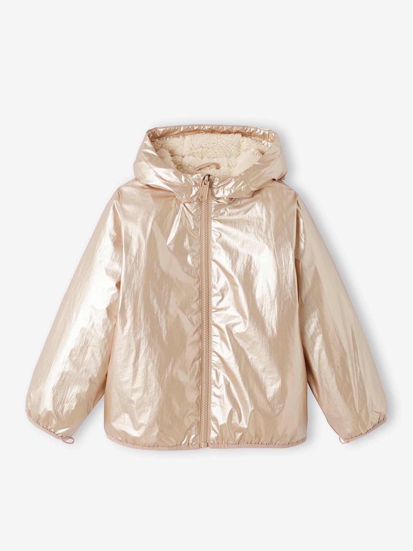 Parka verde com capuz para meninas, jaqueta acolchoada brilhante e forro de sherpa 3 em 1